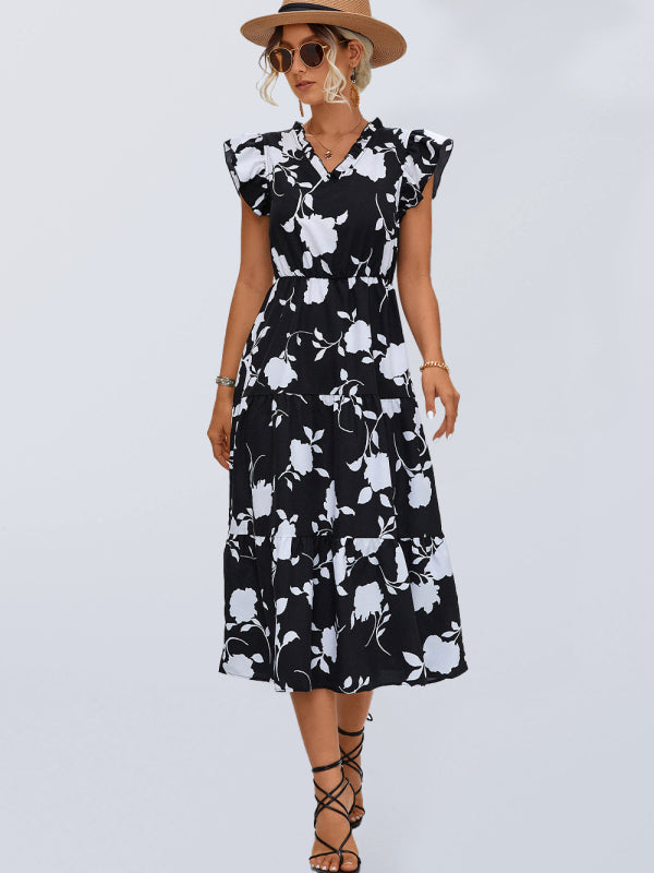 Floral V-neck Printed Flying Sleeve Dress BLUE ZONE PLANET