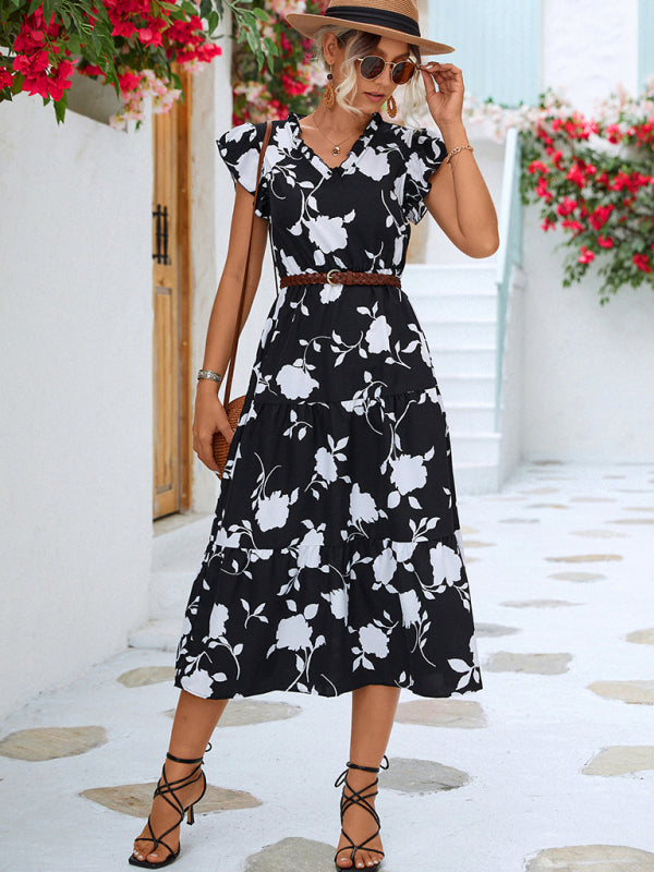 Floral V-neck Printed Flying Sleeve Dress BLUE ZONE PLANET