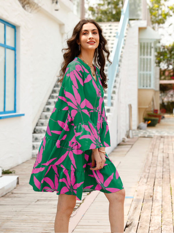 Blue Zone Planet |  Women's floral print bell sleeve dress kakaclo