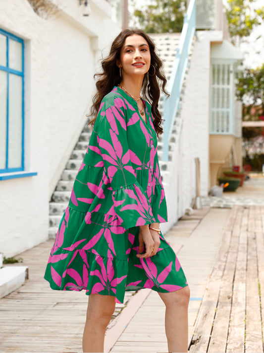 Blue Zone Planet |  Women's floral print bell sleeve dress kakaclo