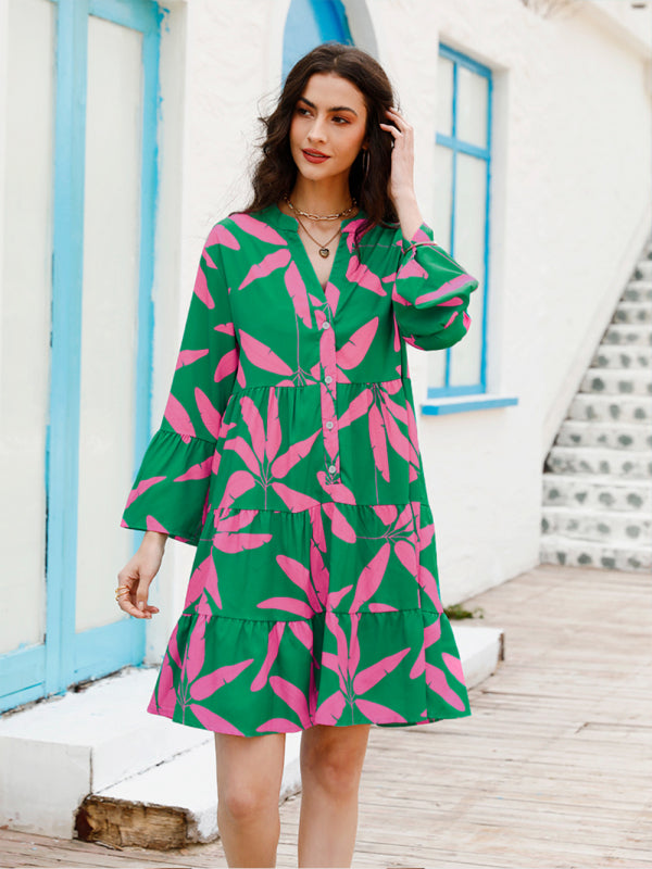 Blue Zone Planet |  Women's floral print bell sleeve dress kakaclo