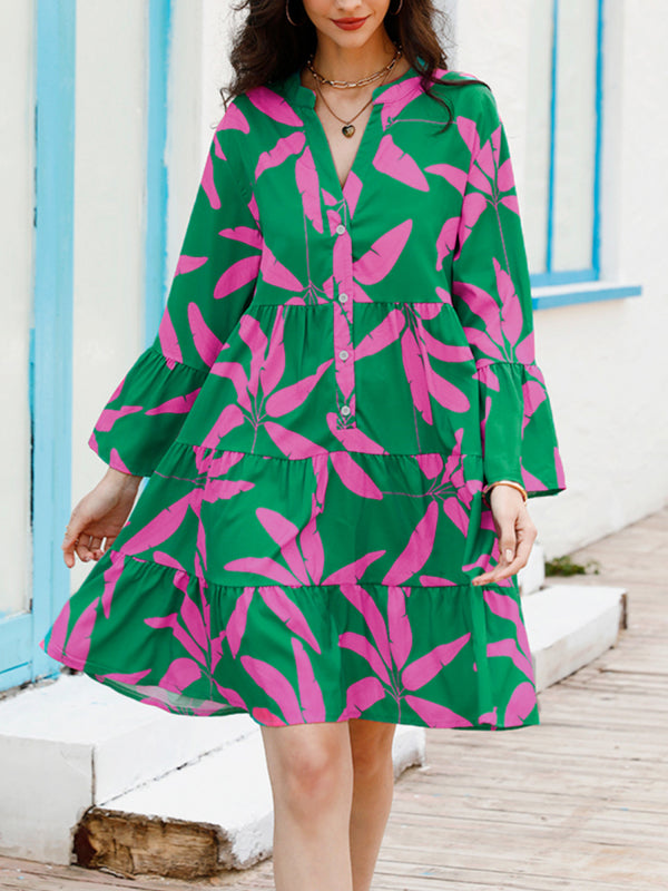 Blue Zone Planet |  Women's floral print bell sleeve dress kakaclo