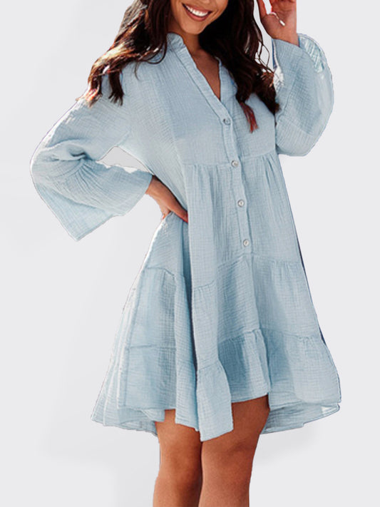 Solid color bell sleeve long sleeve mini dress-TOPS / DRESSES-[Adult]-[Female]-Blue-S-2022 Online Blue Zone Planet