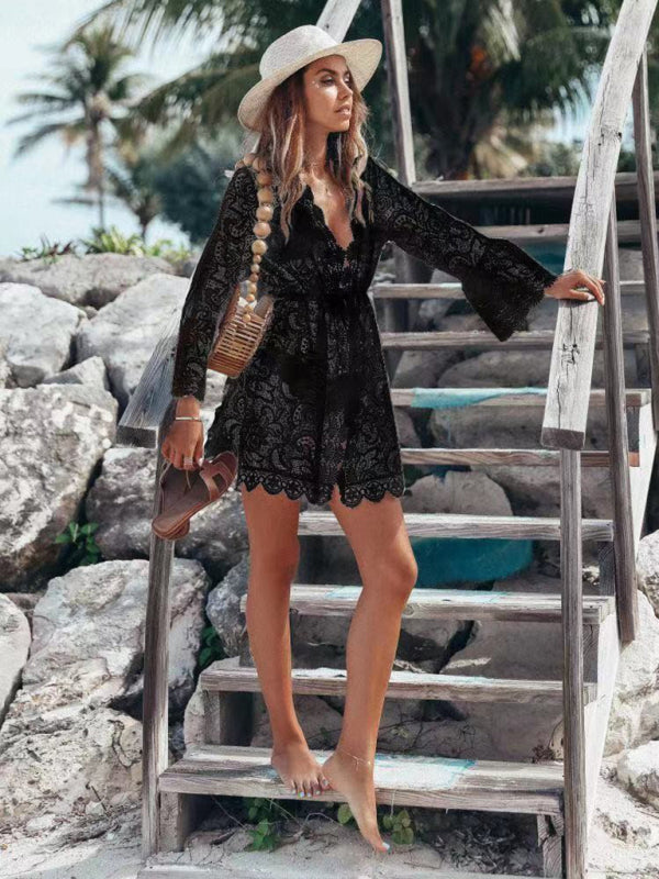 Blue Zone Planet |  lace chain link long-sleeved V-neck see-through dress BLUE ZONE PLANET