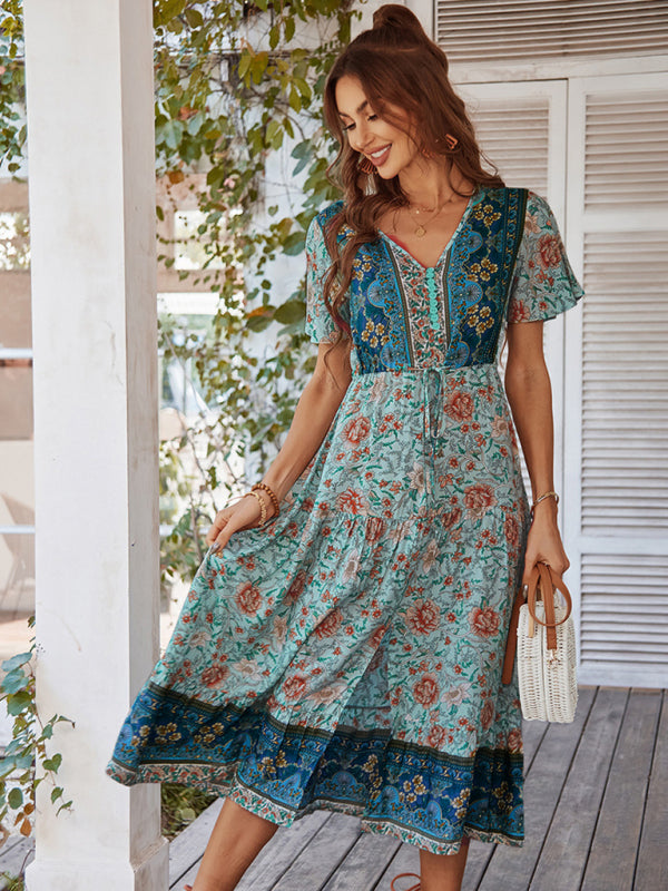V-neck short-sleeved bohemian long-sleeved dress kakaclo