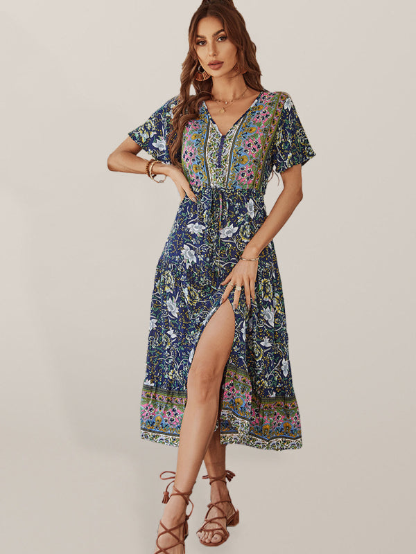 V-neck short-sleeved bohemian long-sleeved dress kakaclo