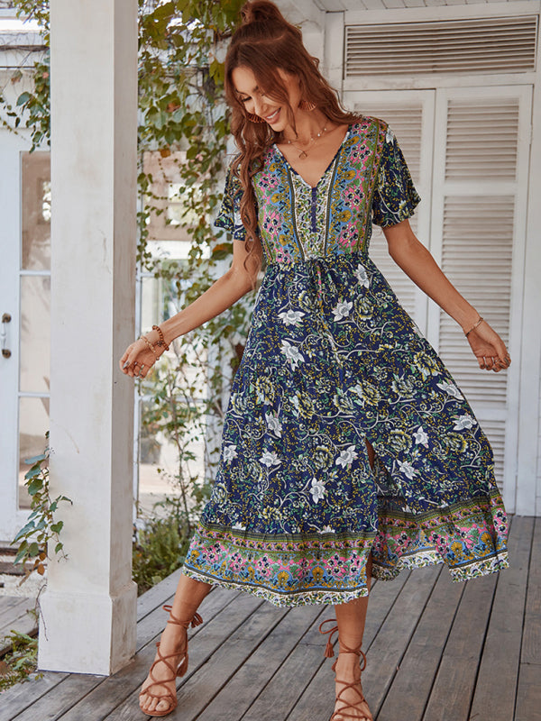 V-neck short-sleeved bohemian long-sleeved dress kakaclo