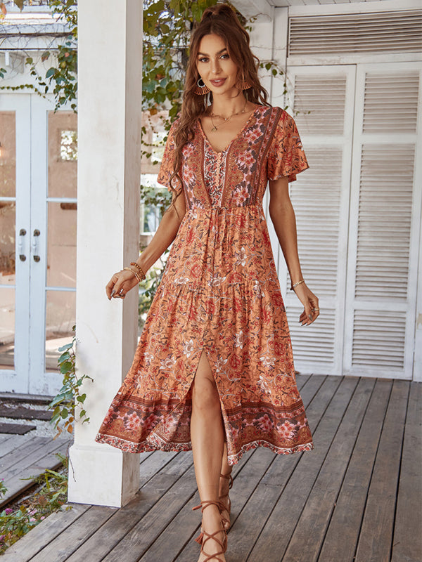 V-neck short-sleeved bohemian long-sleeved dress kakaclo
