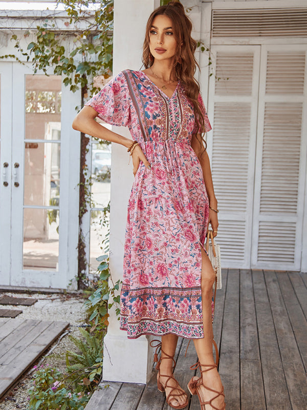 V-neck short-sleeved bohemian long-sleeved dress kakaclo