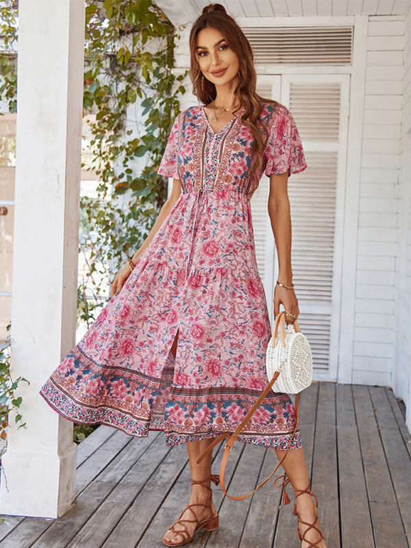 V-neck short-sleeved bohemian long-sleeved dress kakaclo