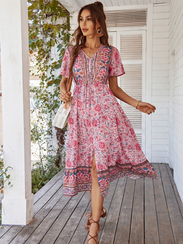 V-neck short-sleeved bohemian long-sleeved dress kakaclo