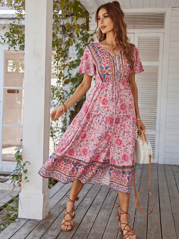 V-neck short-sleeved bohemian long-sleeved dress kakaclo