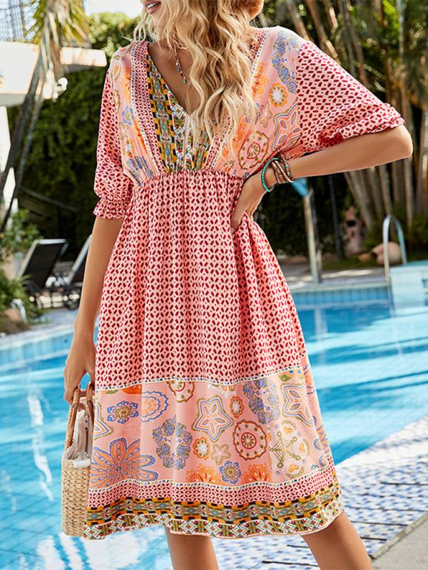 Blue Zone Planet |  Woven V-Neck Short Sleeve Bohemian Resort Dress BLUE ZONE PLANET