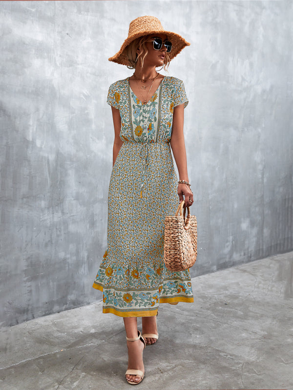 Women's Woven V-Neck Long Bohemian Dress-TOPS / DRESSES-[Adult]-[Female]-Cracker khaki-S-2022 Online Blue Zone Planet