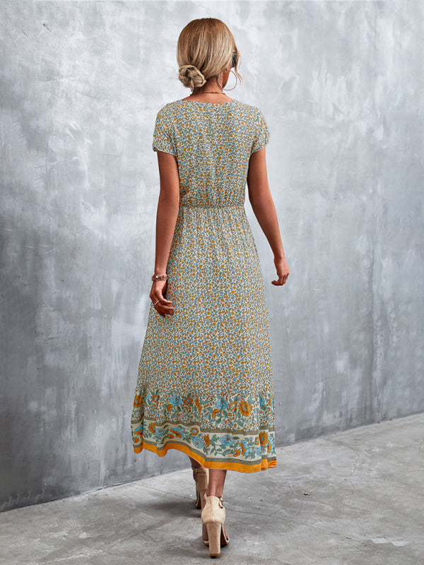 Women's Woven V-Neck Long Bohemian Dress-TOPS / DRESSES-[Adult]-[Female]-2022 Online Blue Zone Planet
