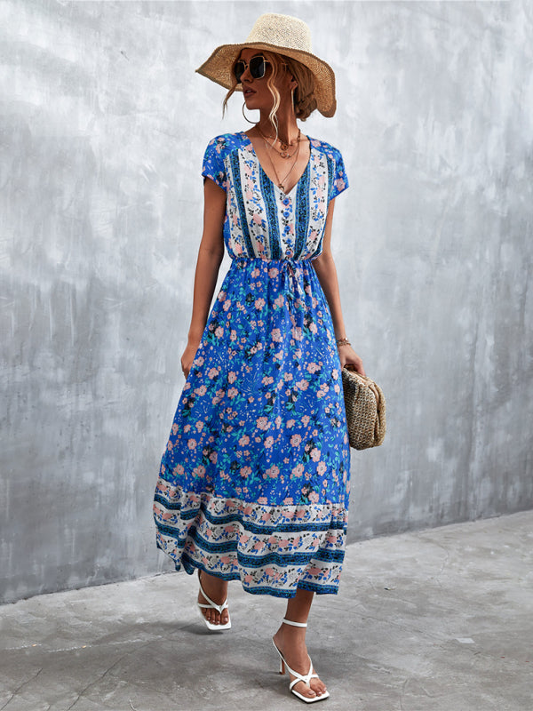 Women's Woven V-Neck Long Bohemian Dress-TOPS / DRESSES-[Adult]-[Female]-2022 Online Blue Zone Planet