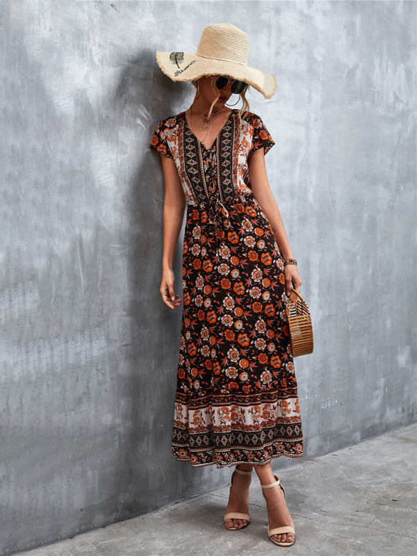 Women's Woven V-Neck Long Bohemian Dress-TOPS / DRESSES-[Adult]-[Female]-2022 Online Blue Zone Planet