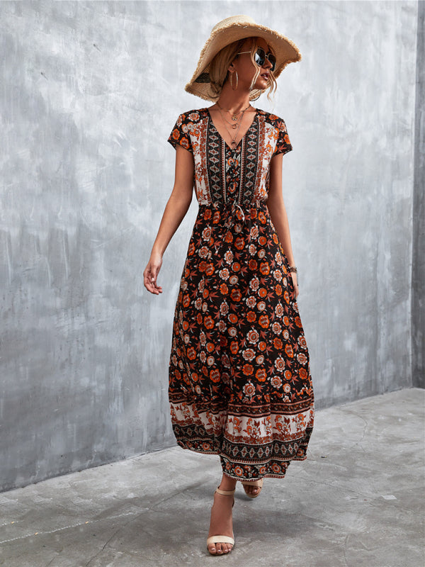 Women's Woven V-Neck Long Bohemian Dress-TOPS / DRESSES-[Adult]-[Female]-2022 Online Blue Zone Planet