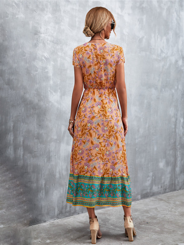 Women's Woven V-Neck Long Bohemian Dress-TOPS / DRESSES-[Adult]-[Female]-2022 Online Blue Zone Planet