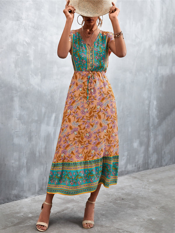 Women's Woven V-Neck Long Bohemian Dress-TOPS / DRESSES-[Adult]-[Female]-2022 Online Blue Zone Planet