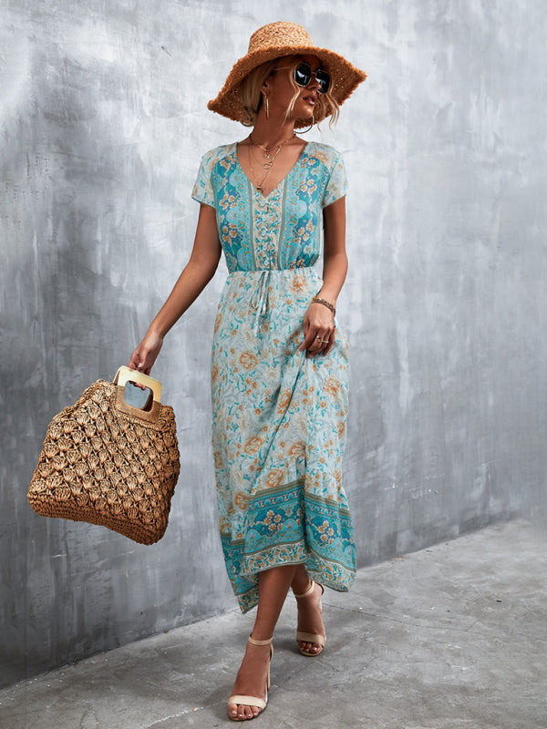 Women's Woven V-Neck Long Bohemian Dress-TOPS / DRESSES-[Adult]-[Female]-2022 Online Blue Zone Planet