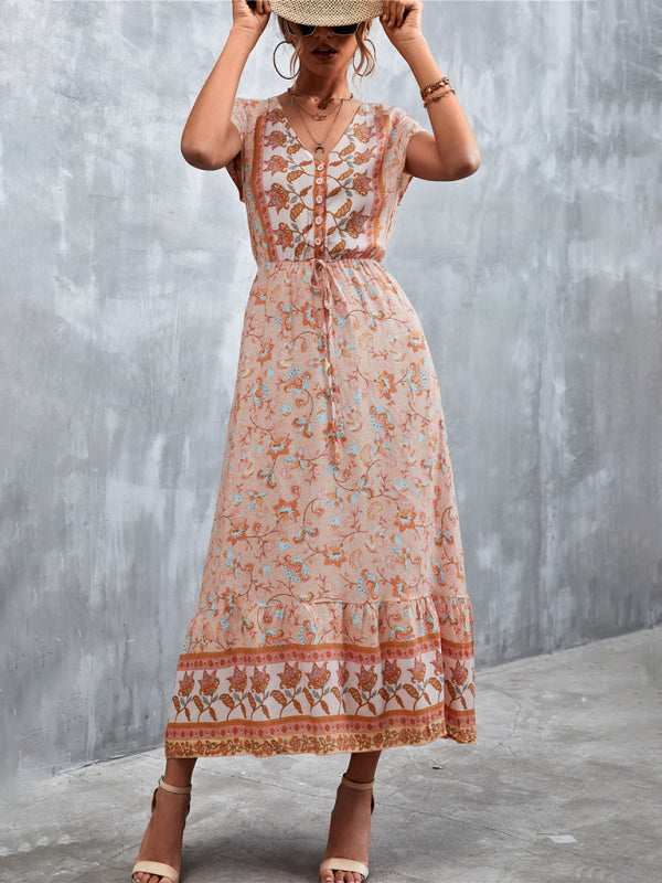 Women's Woven V-Neck Long Bohemian Dress-TOPS / DRESSES-[Adult]-[Female]-2022 Online Blue Zone Planet