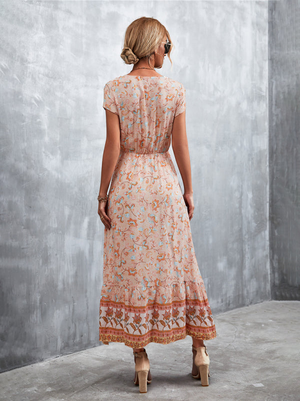 Women's Woven V-Neck Long Bohemian Dress-TOPS / DRESSES-[Adult]-[Female]-2022 Online Blue Zone Planet