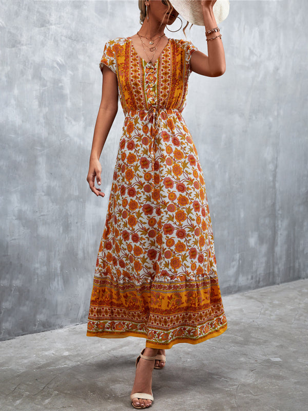 Women's Woven V-Neck Long Bohemian Dress-TOPS / DRESSES-[Adult]-[Female]-2022 Online Blue Zone Planet