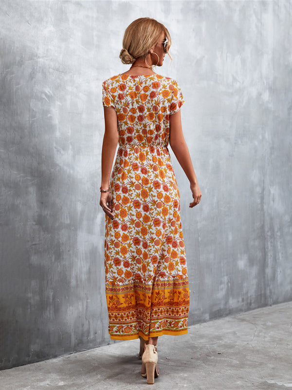 Women's Woven V-Neck Long Bohemian Dress-TOPS / DRESSES-[Adult]-[Female]-Orange-S-2022 Online Blue Zone Planet
