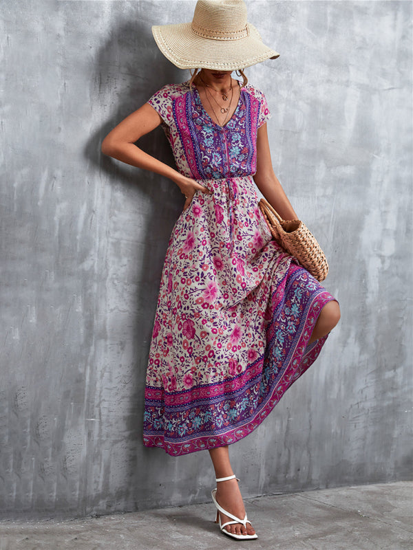 Women's Woven V-Neck Long Bohemian Dress-TOPS / DRESSES-[Adult]-[Female]-2022 Online Blue Zone Planet