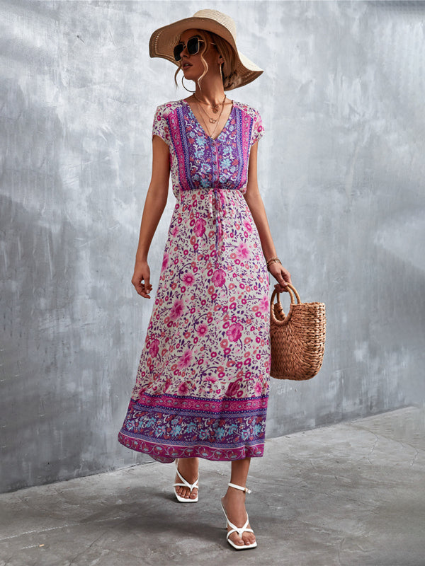 Women's Woven V-Neck Long Bohemian Dress-TOPS / DRESSES-[Adult]-[Female]-2022 Online Blue Zone Planet