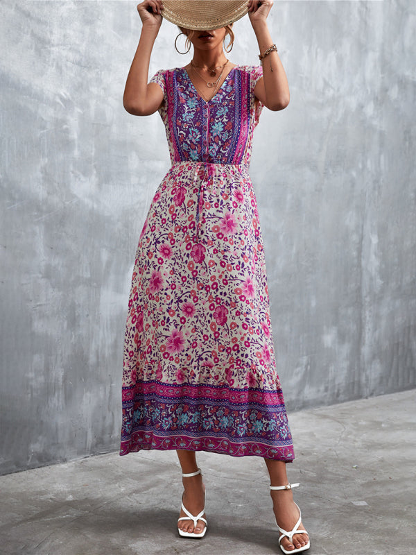 Women's Woven V-Neck Long Bohemian Dress-TOPS / DRESSES-[Adult]-[Female]-2022 Online Blue Zone Planet
