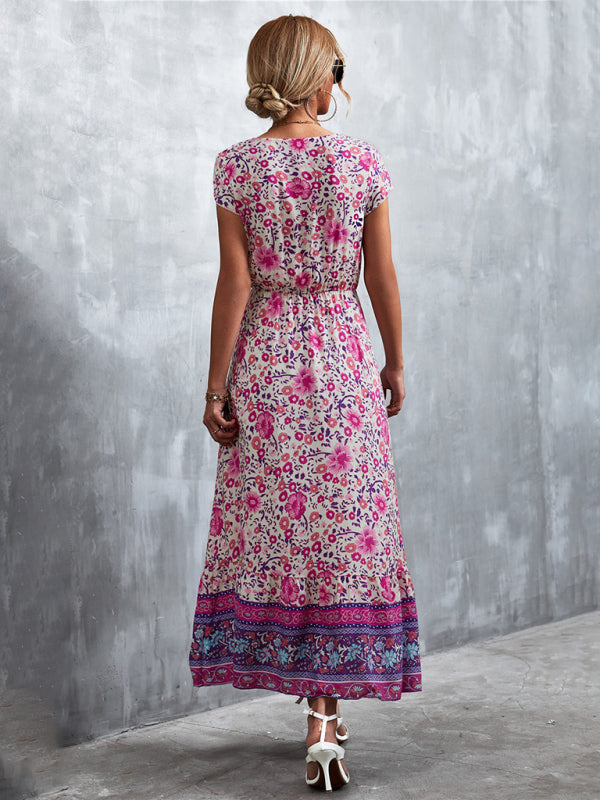 Women's Woven V-Neck Long Bohemian Dress-TOPS / DRESSES-[Adult]-[Female]-2022 Online Blue Zone Planet
