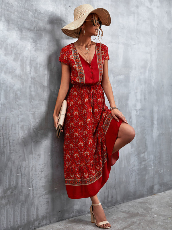 Women's Woven V-Neck Long Bohemian Dress-TOPS / DRESSES-[Adult]-[Female]-Red-S-2022 Online Blue Zone Planet