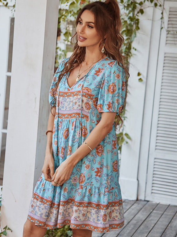 Blue Zone Planet |  Woven V-Neck Short Sleeve Bohemian Resort Dress BLUE ZONE PLANET