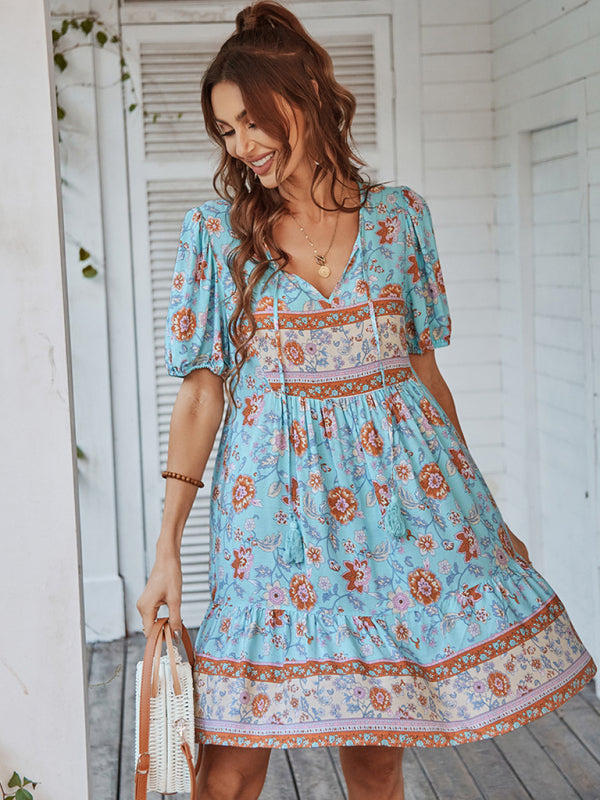 Blue Zone Planet |  Woven V-Neck Short Sleeve Bohemian Resort Dress BLUE ZONE PLANET