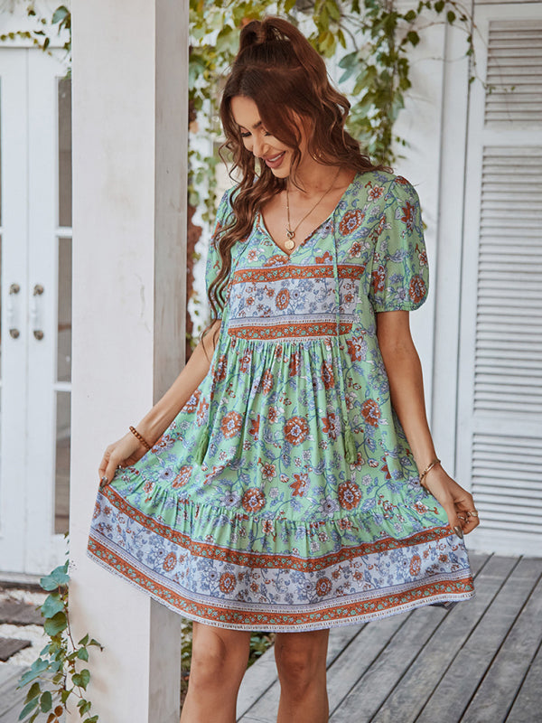 Blue Zone Planet |  Woven V-Neck Short Sleeve Bohemian Resort Dress BLUE ZONE PLANET