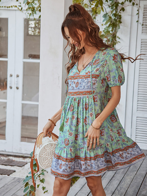 Blue Zone Planet |  Woven V-Neck Short Sleeve Bohemian Resort Dress BLUE ZONE PLANET