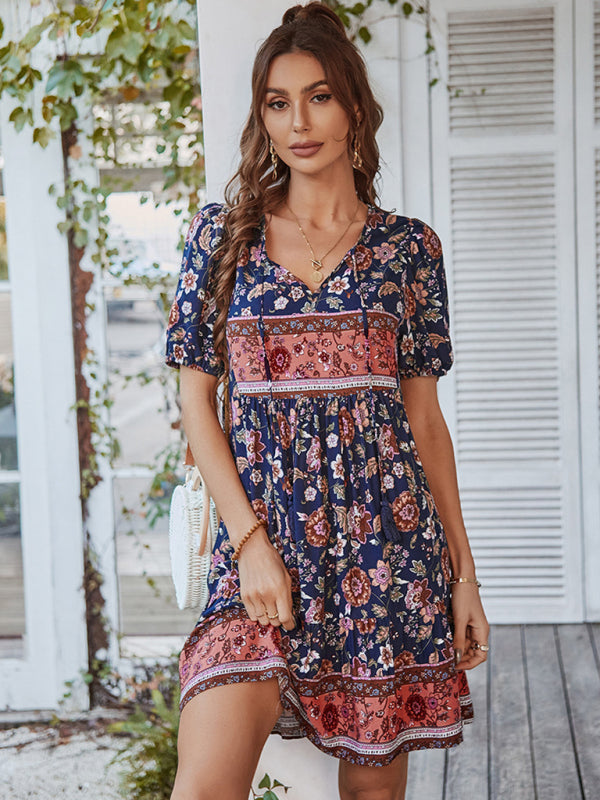 Blue Zone Planet |  Woven V-Neck Short Sleeve Bohemian Resort Dress BLUE ZONE PLANET