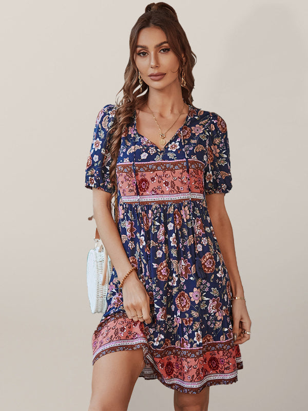 Blue Zone Planet |  Woven V-Neck Short Sleeve Bohemian Resort Dress BLUE ZONE PLANET