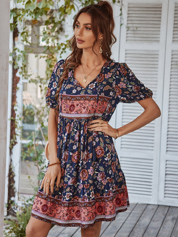 Blue Zone Planet |  Woven V-Neck Short Sleeve Bohemian Resort Dress BLUE ZONE PLANET