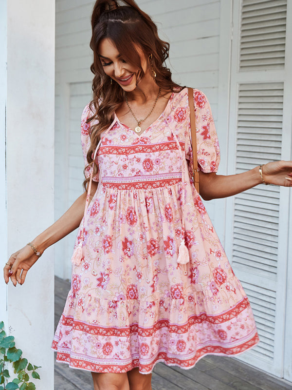 Blue Zone Planet |  Woven V-Neck Short Sleeve Bohemian Resort Dress BLUE ZONE PLANET