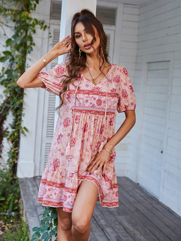 Blue Zone Planet |  Woven V-Neck Short Sleeve Bohemian Resort Dress BLUE ZONE PLANET
