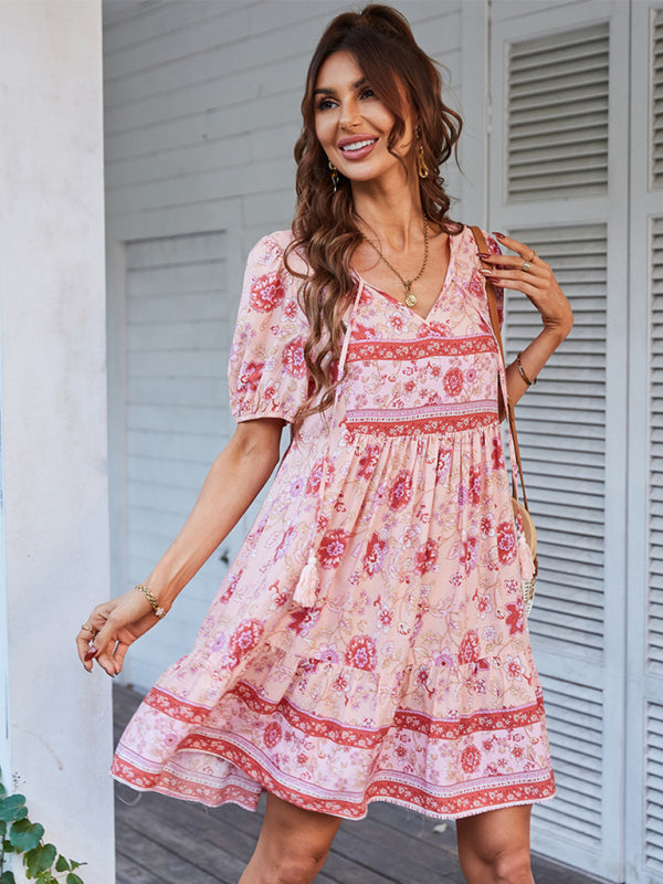 Blue Zone Planet |  Woven V-Neck Short Sleeve Bohemian Resort Dress BLUE ZONE PLANET