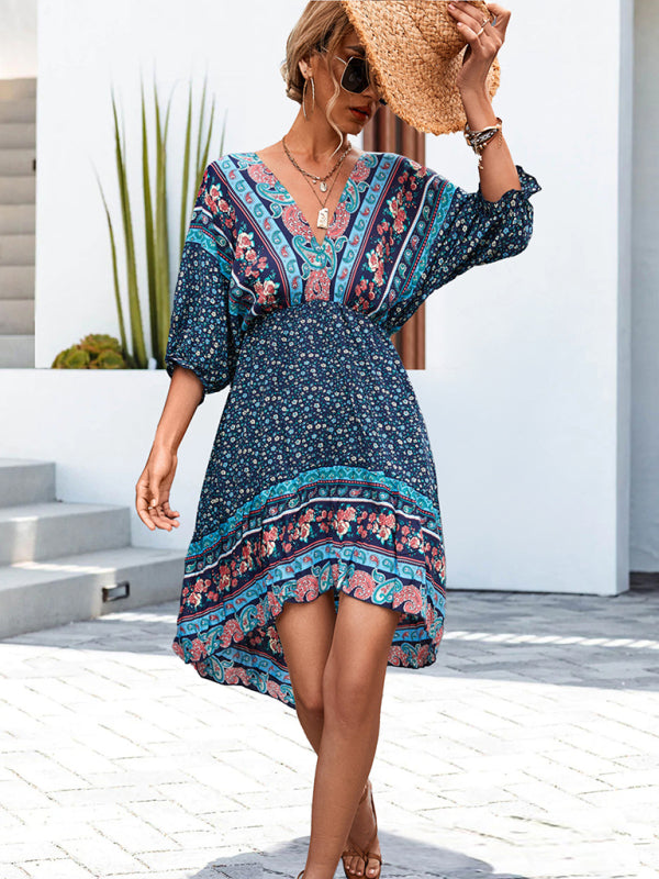 Blue Zone Planet |  Ava's Woven V-Neck Open Back Bohemian High Low Mini Dress BLUE ZONE PLANET