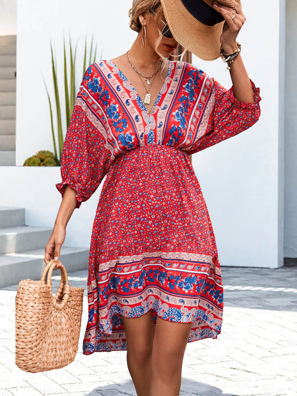 Blue Zone Planet |  Ava's Woven V-Neck Open Back Bohemian High Low Mini Dress BLUE ZONE PLANET