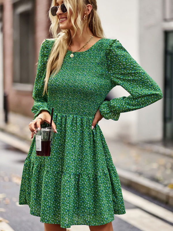 Round neck floral dress spring and summer long-sleeved all-match A-line skirt BLUE ZONE PLANET