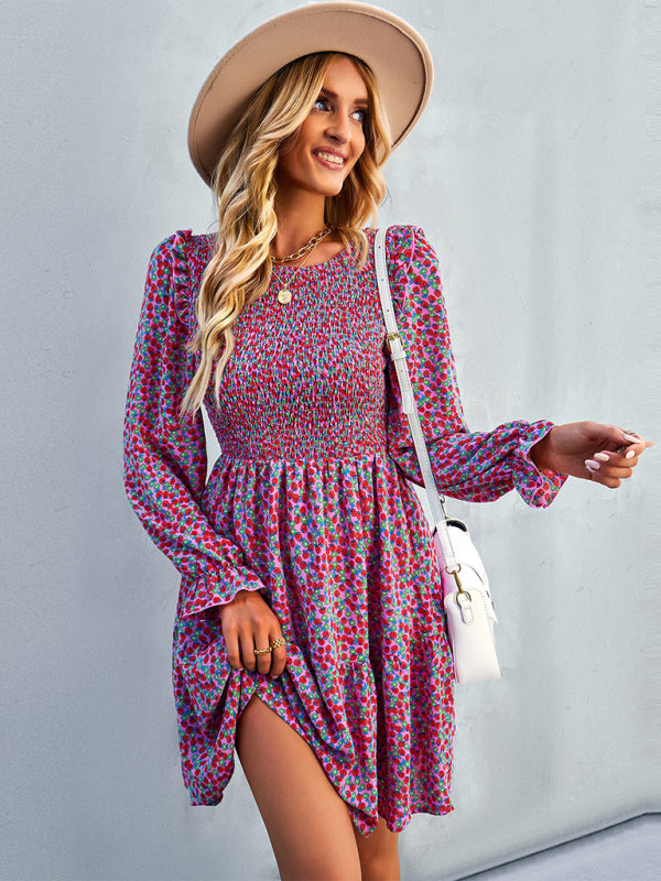 Round neck floral dress spring and summer long-sleeved all-match A-line skirt BLUE ZONE PLANET