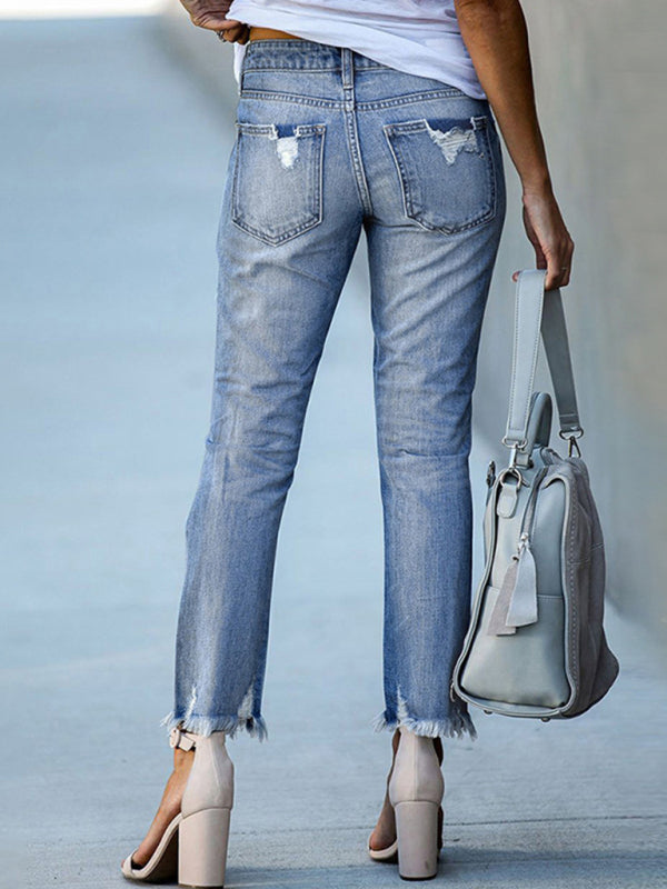 Blue Zone Planet |  Raw edge ripped slim fit slim jeans women's straight leg cropped pants kakaclo