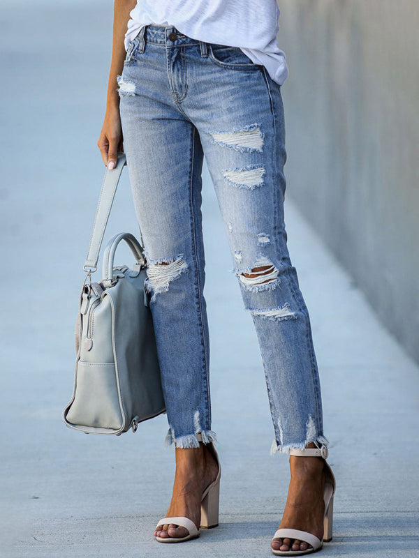 Blue Zone Planet |  Raw edge ripped slim fit slim jeans women's straight leg cropped pants kakaclo